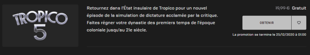 Tropico 5 gratuit, bon plan, free game, epic games, epic store