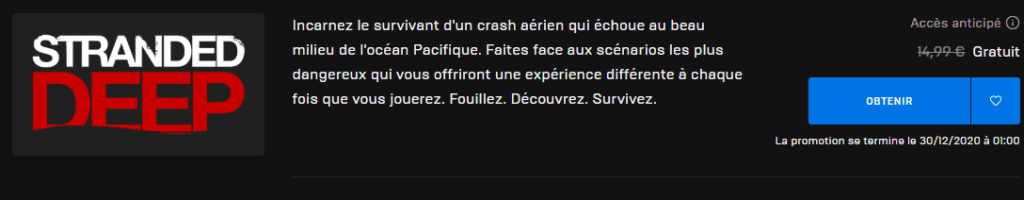Stranded Deep gratuit ! Rendez-vous sur l’Epic Store afin d’obtenir votre copie gratuite du jeu de survie en pleine mer. Attention, vous avez moins de 24 heures pour le récupérer.