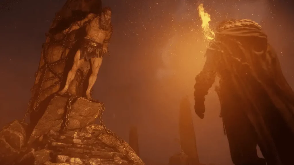 Le protagoniste de Crimson Desert se trouvant debout devant une créature enchaînée.