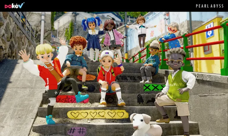 Plusieurs personnages de DokeV sont assis sur des marches.