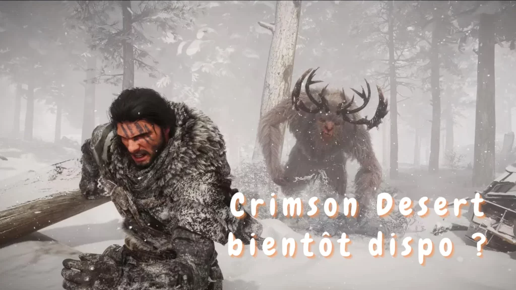 Capture d'écran du trailer de Crimson Desert, montrant le personnage principal en pleine fuite, poursuivi par un monstre dans un environnement enneigé.