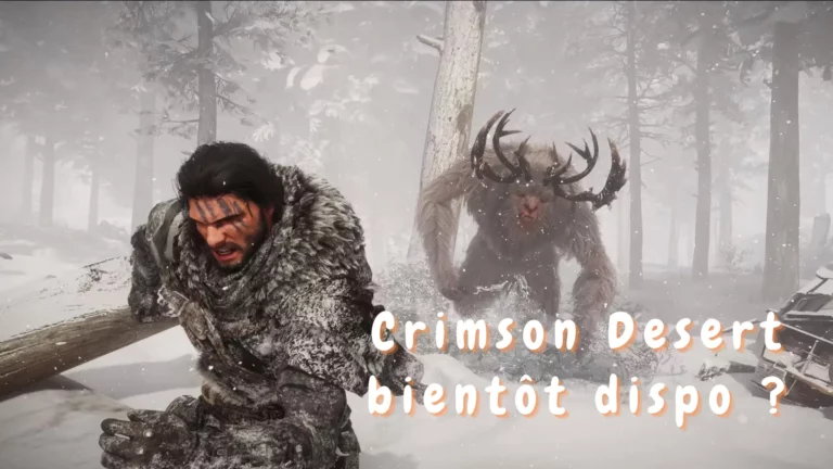 Capture d'écran du trailer de Crimson Desert, montrant le personnage principal en pleine fuite, poursuivi par un monstre dans un environnement enneigé.