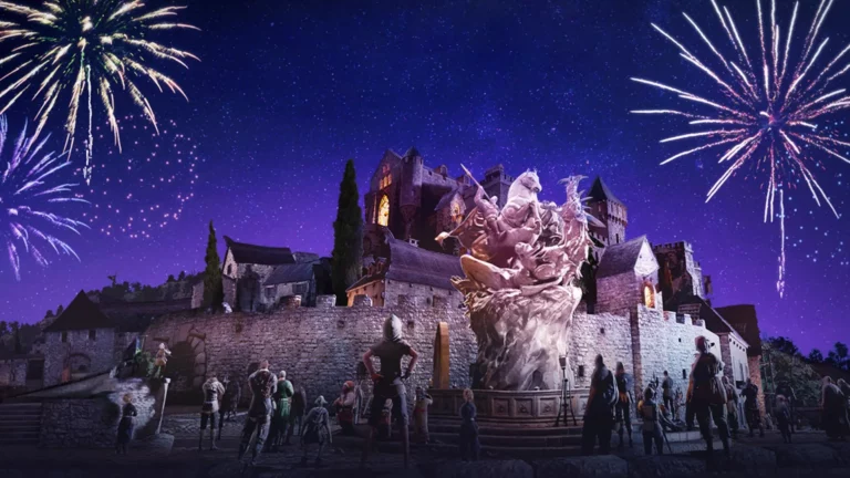 Chateau medieval dans u monde fantastique avec des personnages qui regardent un feu d'artifice