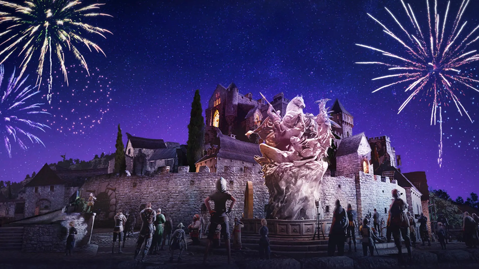 Chateau medieval dans u monde fantastique avec des personnages qui regardent un feu d'artifice