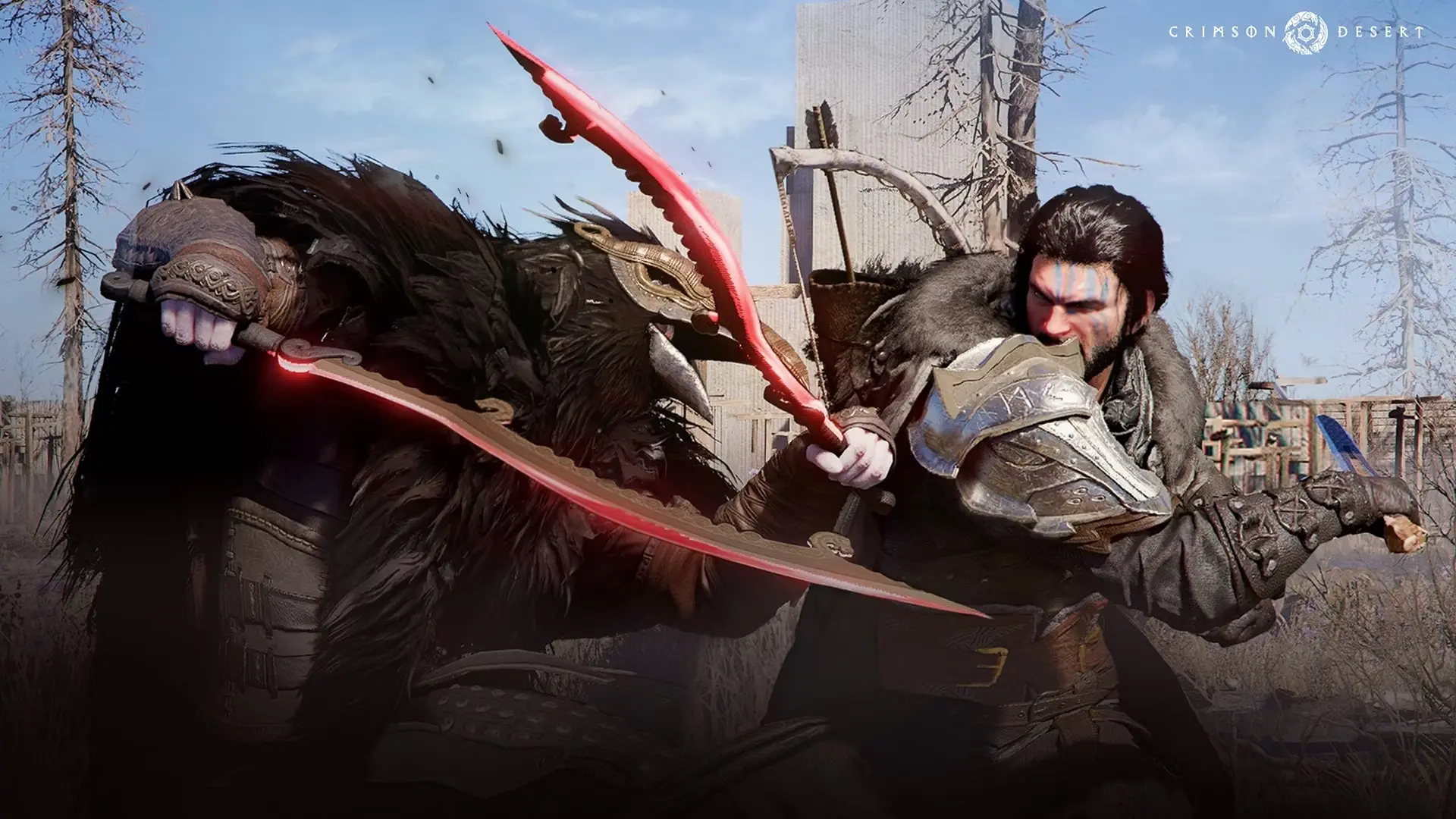 Deux personnages de Crimson Desert se battent.