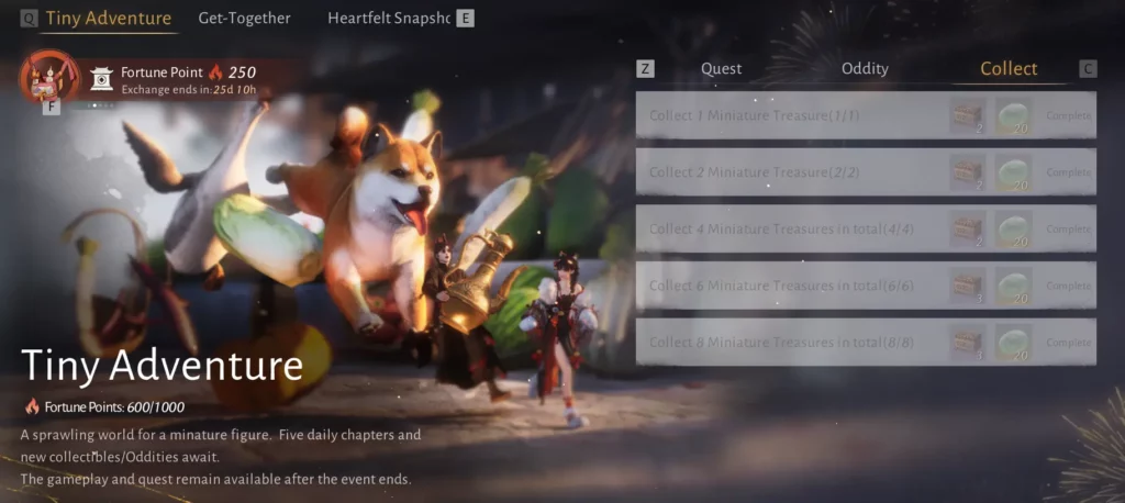 Page de l'event Tiny Adventure sur Where winds meet avec la liste des recompenses si vous trouver tous les miniature treasures.