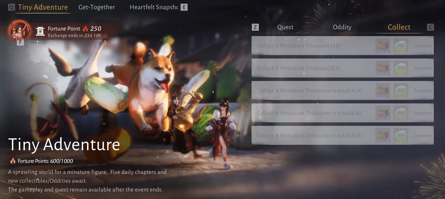 Page de l'event Tiny Adventure sur Where winds meet avec la liste des recompenses si vous trouver tous les miniature treasures.