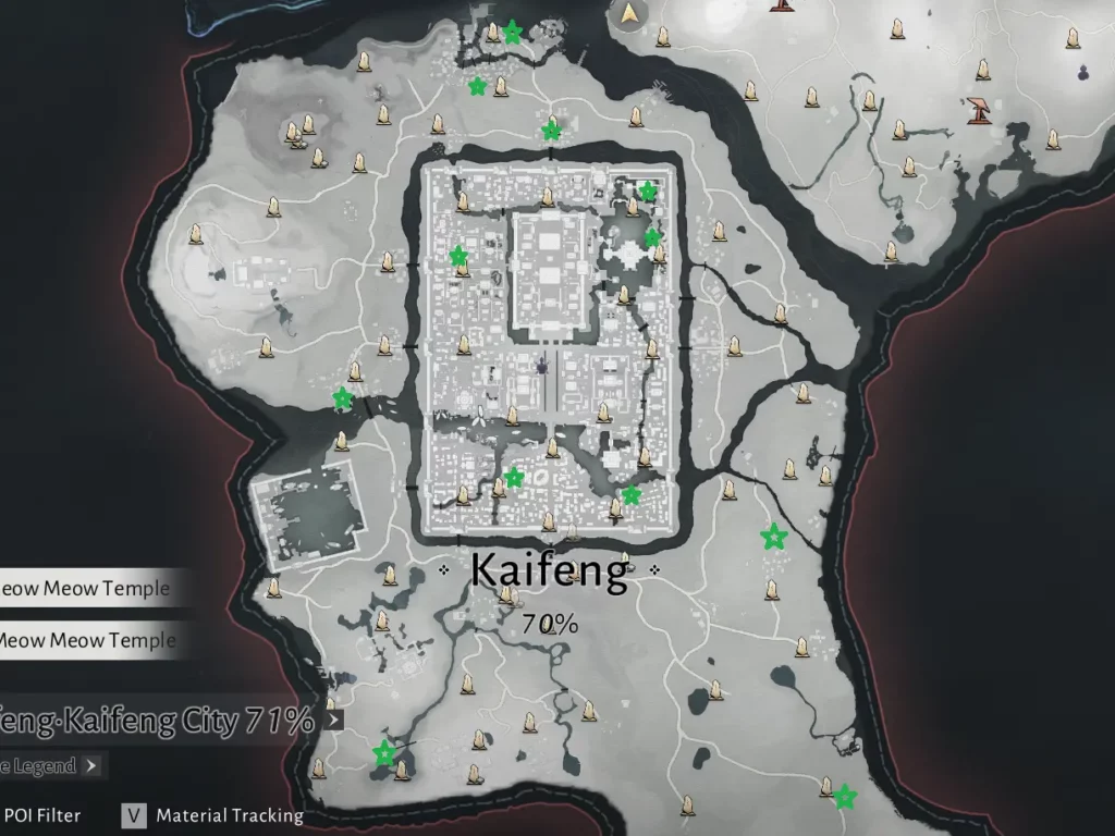 carte de Kaifeng avec l'emplacement des miniature treasures introduits dans la mise a jour 1.3 de where winds meet
