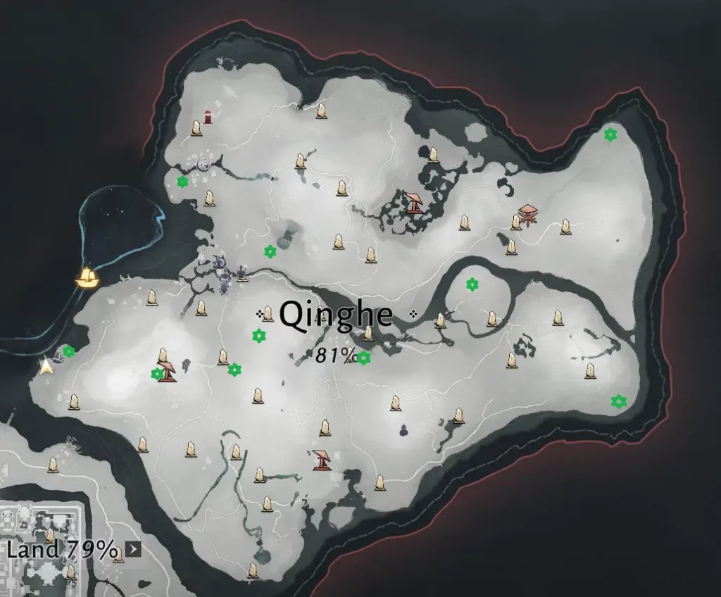 carte de Qinghe avec l'emplacement des miniature treasures introduits dans la mise a jour 1.3 de where winds meet