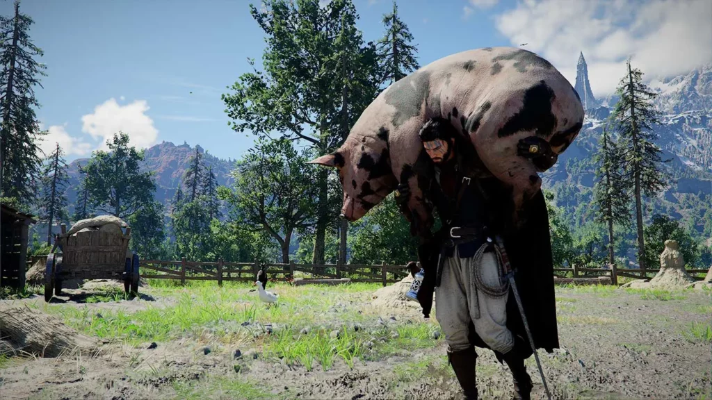 Personnage principal de Crimson Desert et un cochon sur ses epaules