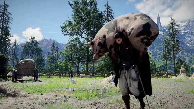 Personnage principal de Crimson Desert et un cochon sur ses epaules