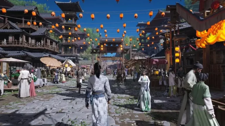 Vue sur la ville de Kaifeng, avec un personnage se deplacant a travers les rues de la ville principale.