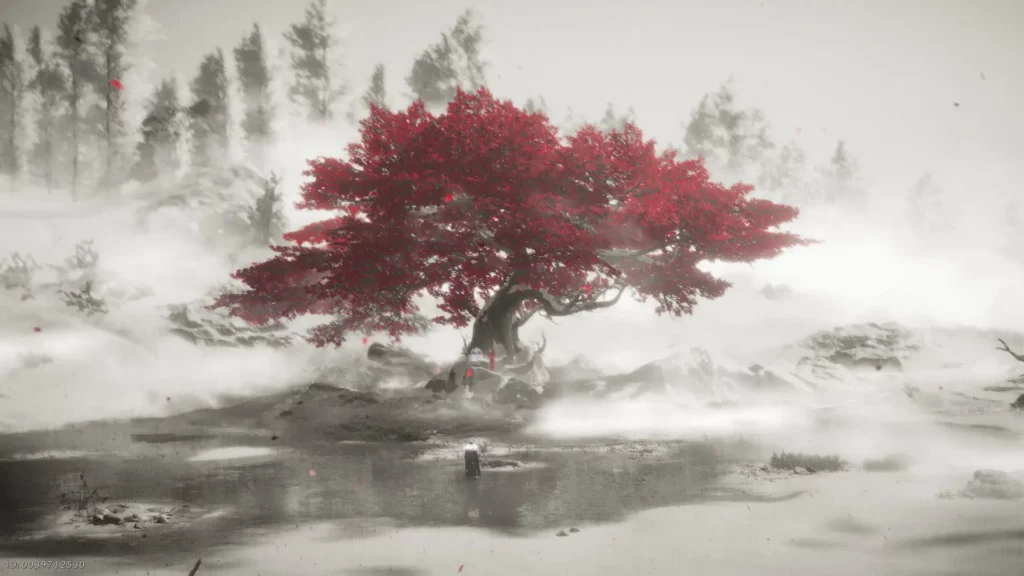 Personnage de Where Winds Meet devant un arbre