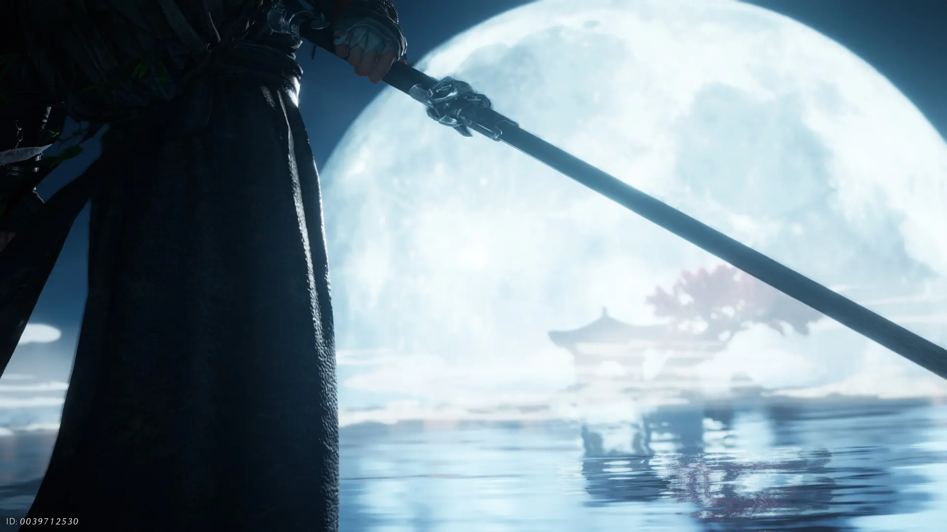 Personnage joueur de Where Winds Meet dans une cinematique, il tient une epee et regarde la lune